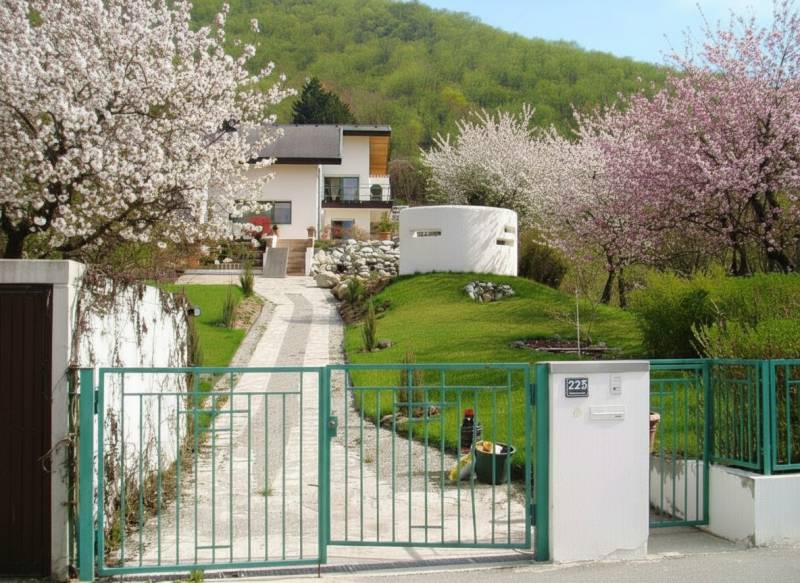 A family house in Hainburg an der Donau surrounded by blooming trees and greenery.