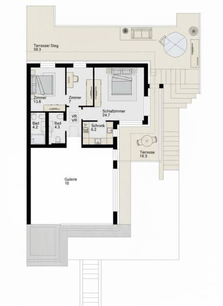 Floor plan of a family house: two bedrooms, two bathrooms, gallery, terrace.