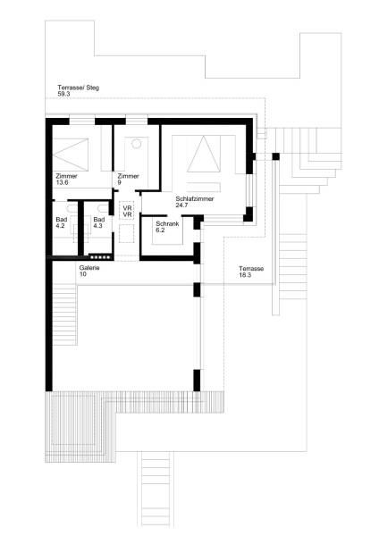 Floor plan of a family house with a bedroom, two bathrooms, and a terrace.