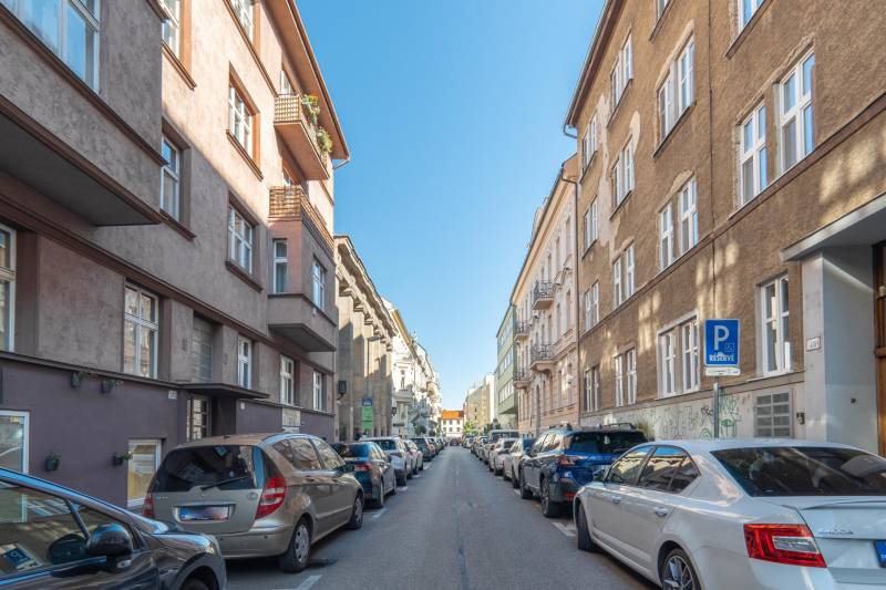 Heydukova Street in Bratislava - Old Town with parked cars and surrounding buildings.