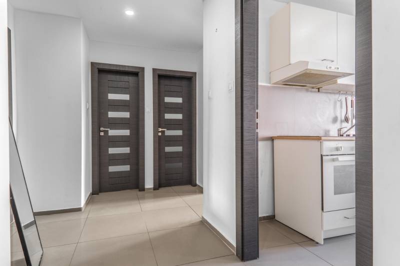 Interior of a 3-room apartment with two dark doors and a kitchenette.