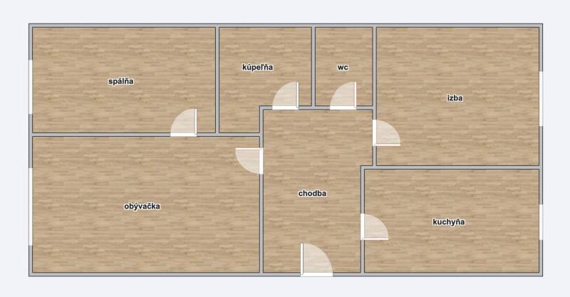 Floor plan of a 3-room apartment with wood-patterned flooring: bedroom, room, living room, kitchen.