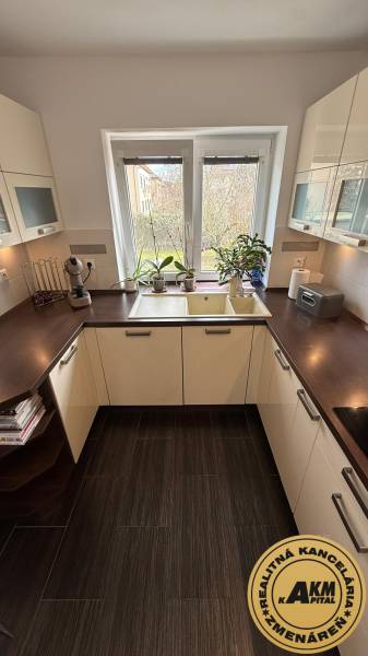 A kitchen in a 2-room apartment with a dark countertop, plants, and a wooden decor floor.