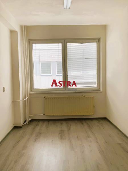 An office with a window, a wooden-patterned floor, and a radiator.
