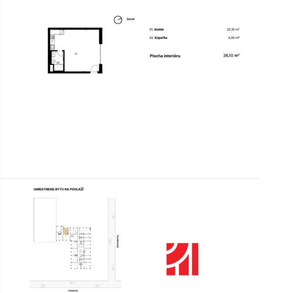 Floor plan of a 1-room apartment with a studio and bathroom, Prístavná, Bratislava - Ružinov.