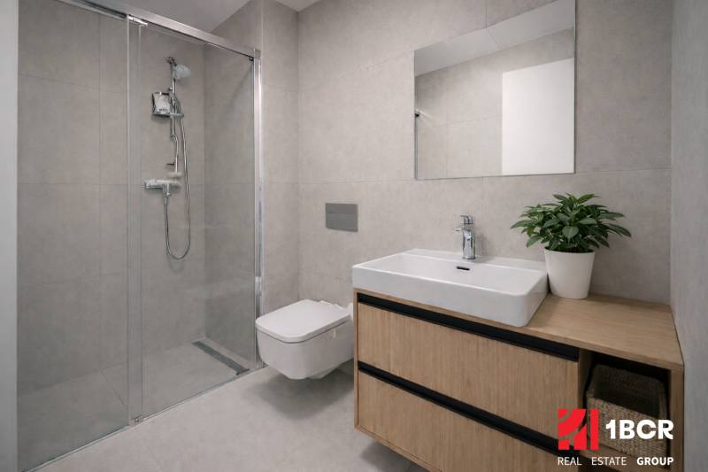 Bathroom with a sink, shower, and storage space in a studio apartment.