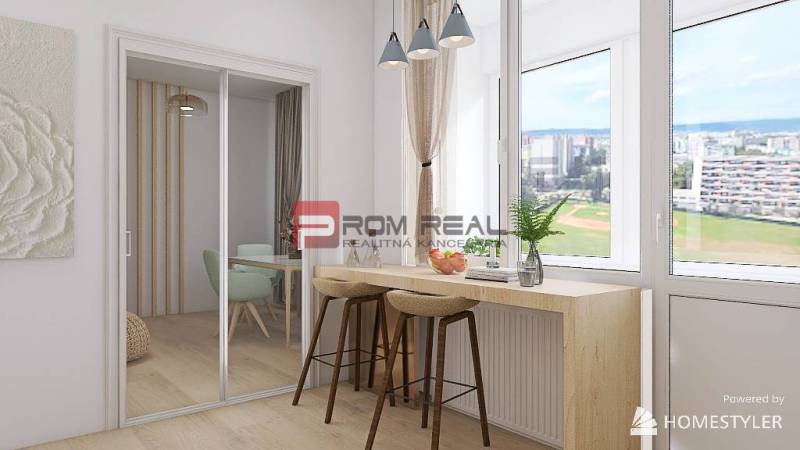 Interior of a 3-room apartment with a bar table and a view, floor with wood decor.