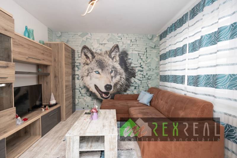A living room with wolf wallpaper, a wooden decor floor, and a comfortable sofa in a three-room apartment.