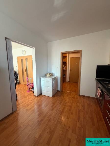 A two-room apartment with a wooden decor floor and a washing machine in the corner.