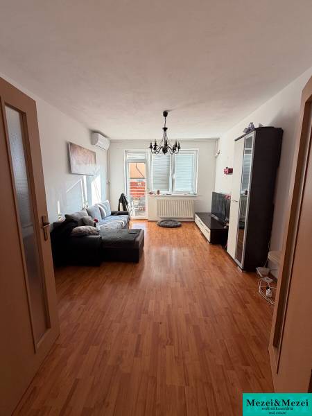 Living room in a two-room apartment with a wooden decor floor, sofa, and television.