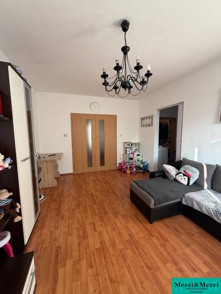 A room with a wooden decor floor, a sofa, a chandelier, and a door in a 2-room apartment.