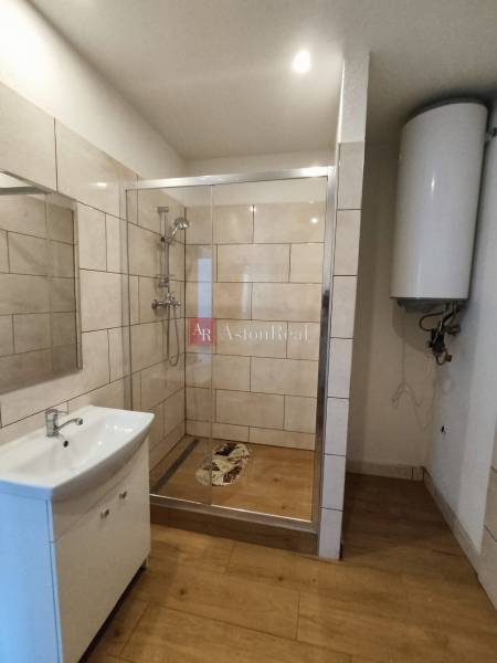 A bathroom in a family house with a modern shower and a wooden decor floor.