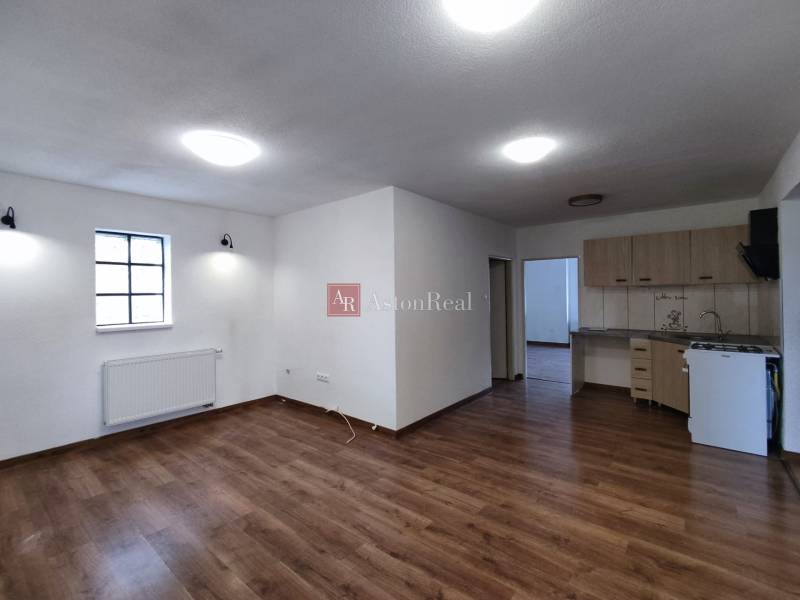 Interior of a family house with a kitchen, wood-patterned flooring, and white walls.