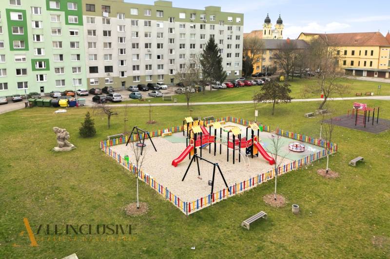 Playground with climbing frames and slides on Hlavná Street in Galanta.