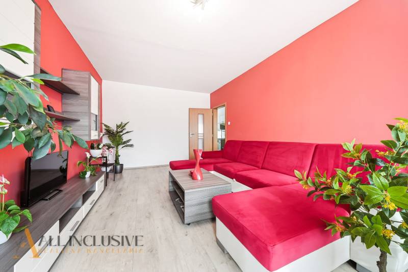 Living room in a 3-room apartment with a sofa, plants, and a wooden decor floor.