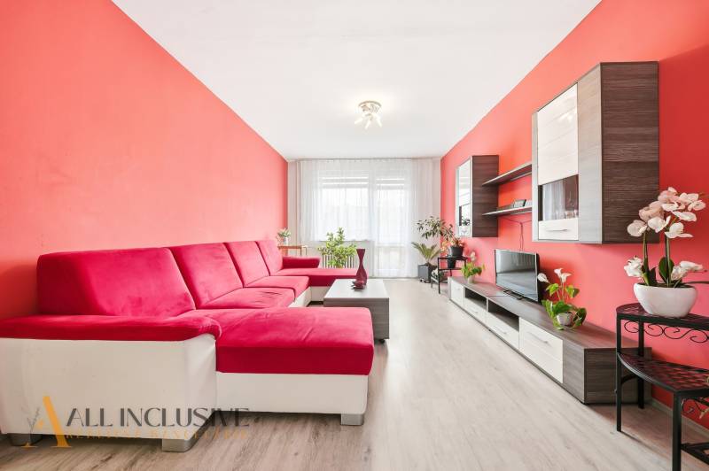 Living room in a three-room apartment with a red sofa and a wooden decor floor.