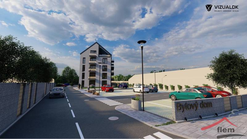 Visualization of an apartment building on Moravská Street in Vráble, surrounded by a parking lot and greenery.