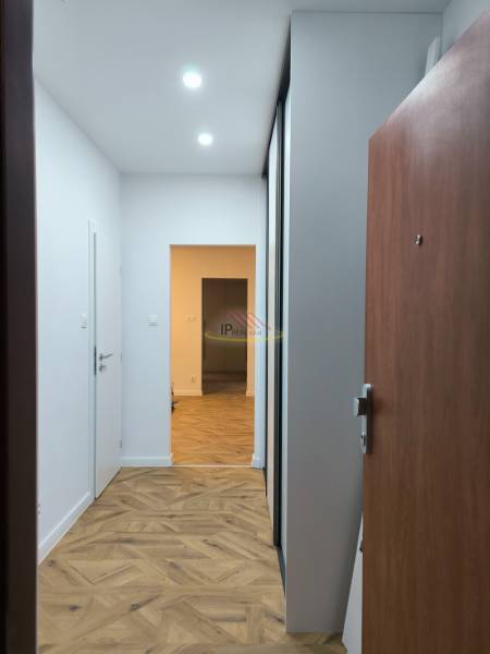 A hallway in a 4-room apartment with a wooden decor floor and LED lighting.