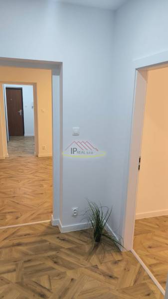 Interior of a 4-room apartment with a wooden decor floor and light walls.