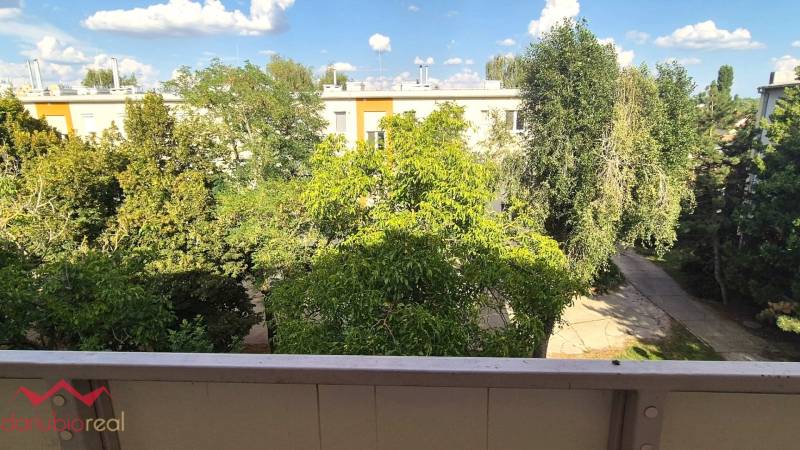 The view from the balcony of a 3-room apartment in Komárno, surrounded by trees and apartment buildings.