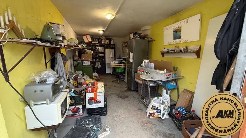 In the garage, various appliances, boxes, and a shelving system can be seen.