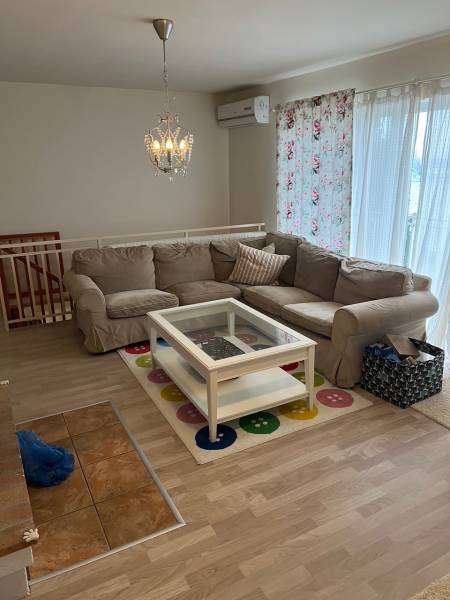 Living room in a cabin, light sofa, coffee table, carpet, wooden decor flooring.