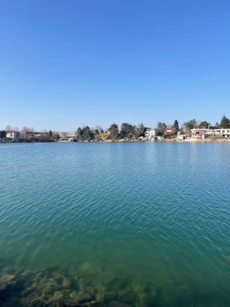 A body of water at the Senec Sunny Lakes, surrounded by cottages and vegetation, clear sky.
