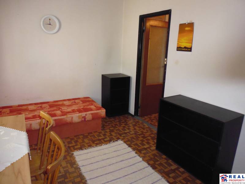 A room in a one-room apartment with carpet decor and furniture.