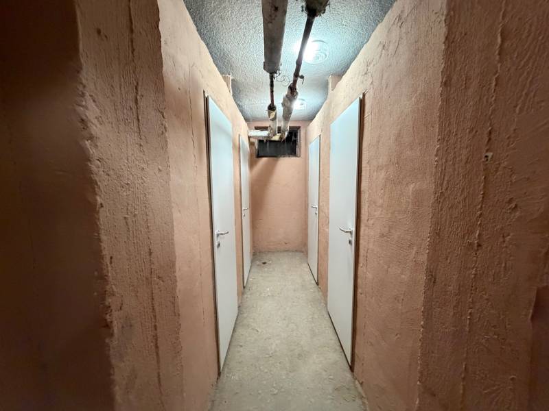 A basement corridor with four doors and visible wiring.