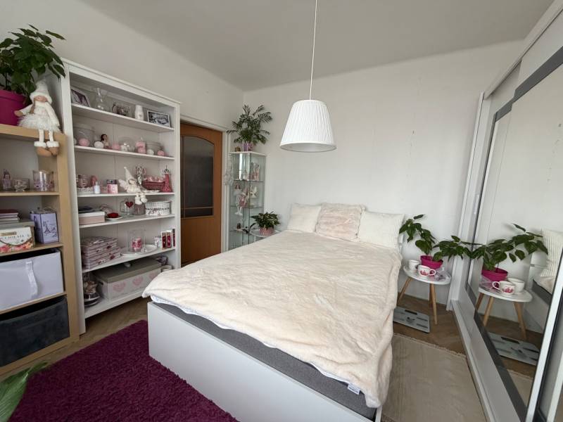 Bedroom in a 3-room apartment with a bed, wardrobes, shelves, and decorations, floor with wooden decor.