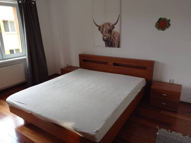 A bedroom with a wide bed and a wooden decor floor in a 2-room apartment.