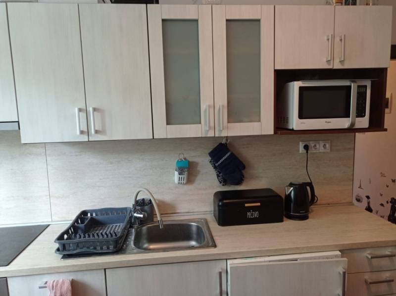 A kitchen in a 2-room apartment with cabinets, a microwave, and a sink.