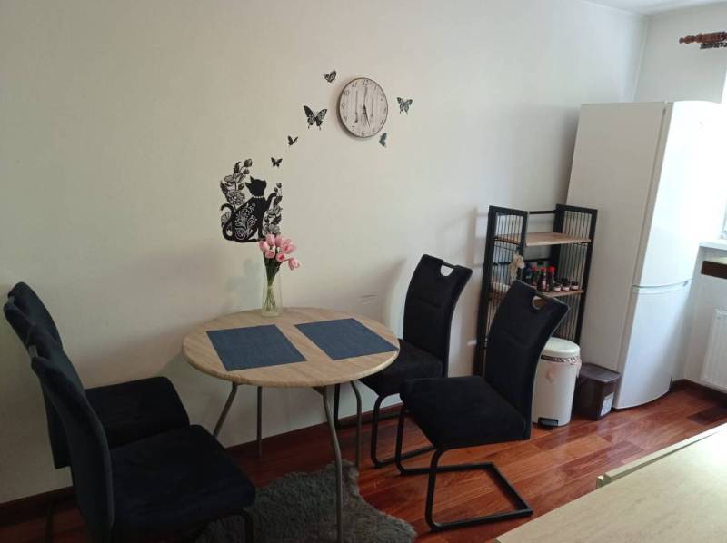 Dining room in a 2-room apartment with a table, chairs, and a wooden decor floor.