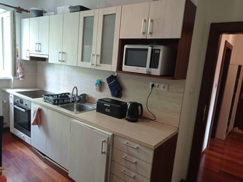 A kitchen in a 2-room apartment with a microwave and a wooden decor floor.