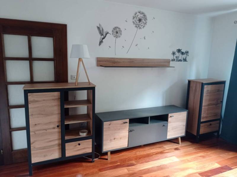 Storage cabinets with decor and wall decoration in a 2-room apartment, floor with wood decor.