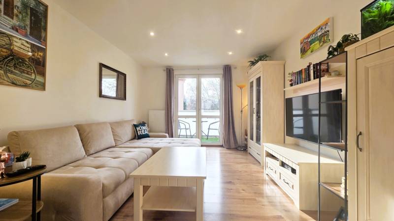 Living room in a 2-room apartment with a wooden decor floor and a comfortable couch.