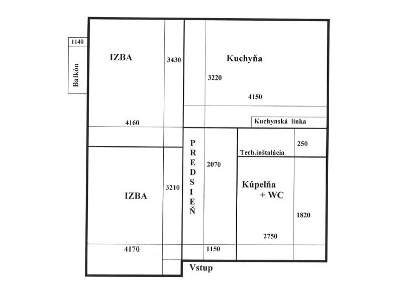 Floor plan of a 2-room apartment with a kitchen, hallway, and bathroom, including a balcony.
