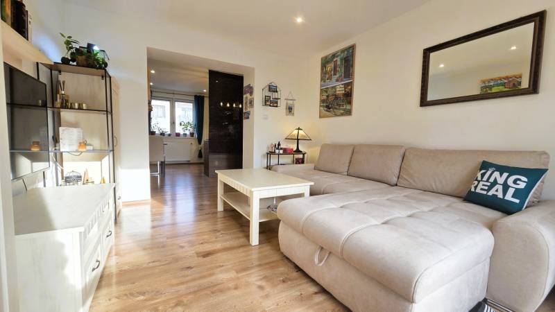 Living room in a 2-room apartment with a sofa and a wooden decor floor.