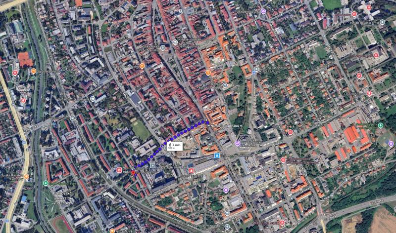 Aerial view of the center of Prešov with Tarasa Ševčenka Street and a marked walking route.