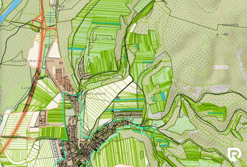 Cadastral map of agricultural and forest land in Lúka with marked parcels and roads.