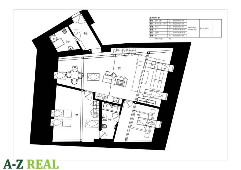 Floor plan of a 3-room apartment with a kitchen, living room, and two bedrooms on Laurinska Street.