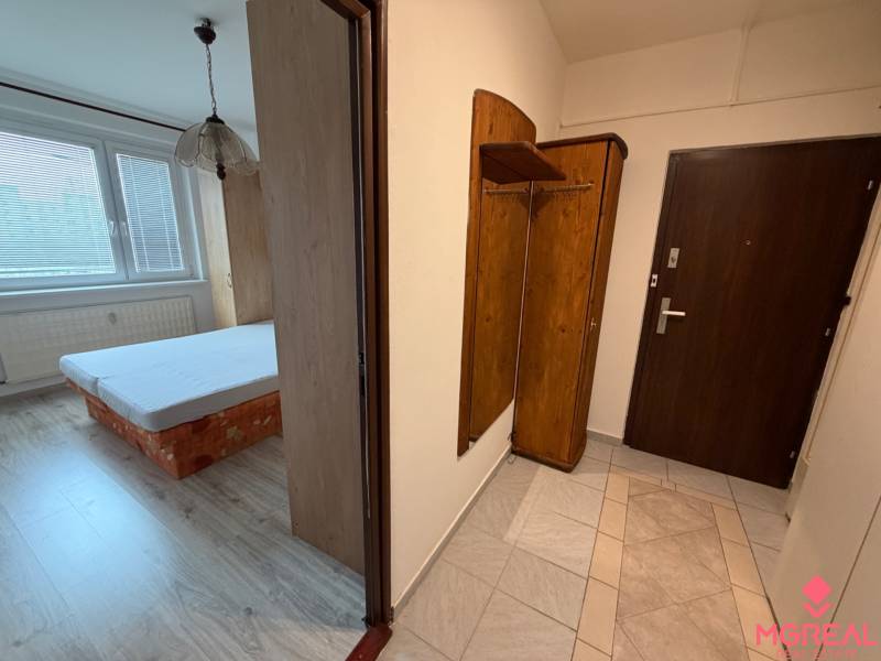 In the 2-room apartment, there is an entrance hallway with a coat rack and a bedroom with a wooden decor floor.