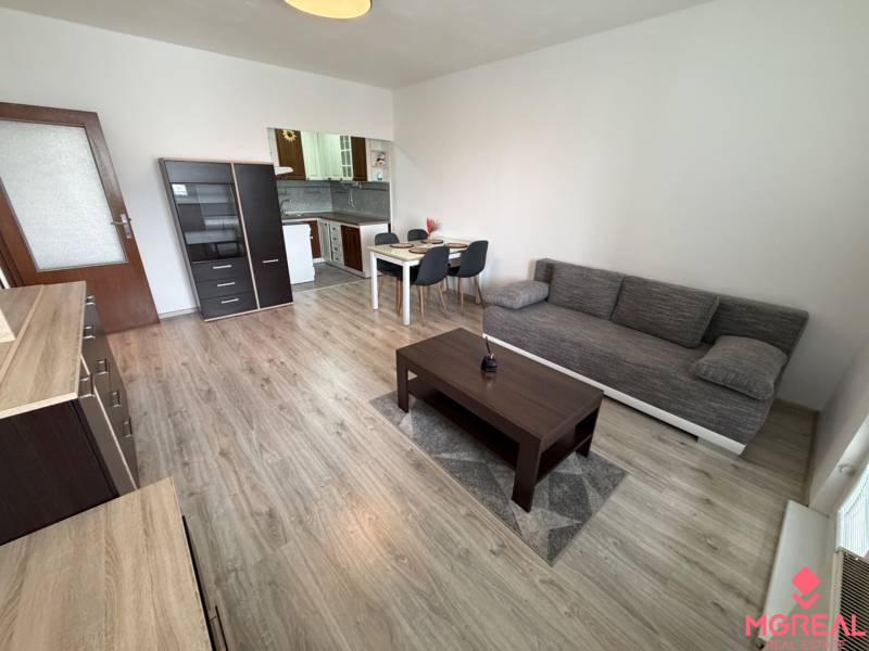 Living room in a two-room apartment with a wooden decor floor, a sofa, and a dining table.