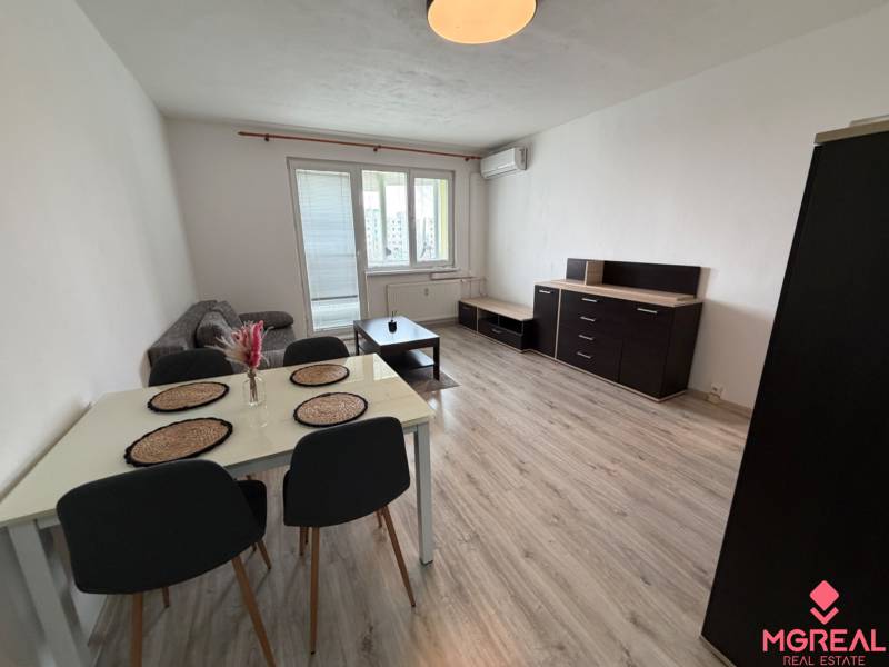 Living room in a two-room apartment with a wooden decor floor, dining table, and sofa.