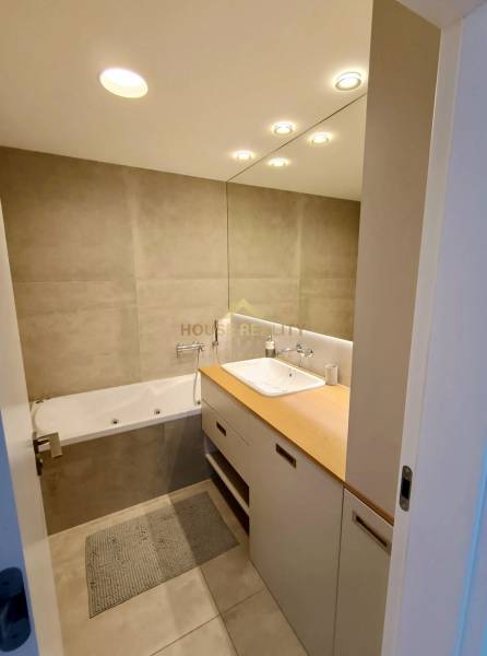 Bathroom with a bathtub, sink on a countertop, and a large mirror in a two-room apartment.