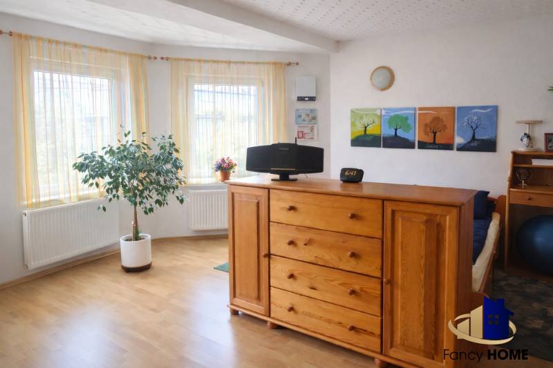 Bright room in a family house with wooden decor, a dresser, and a houseplant.