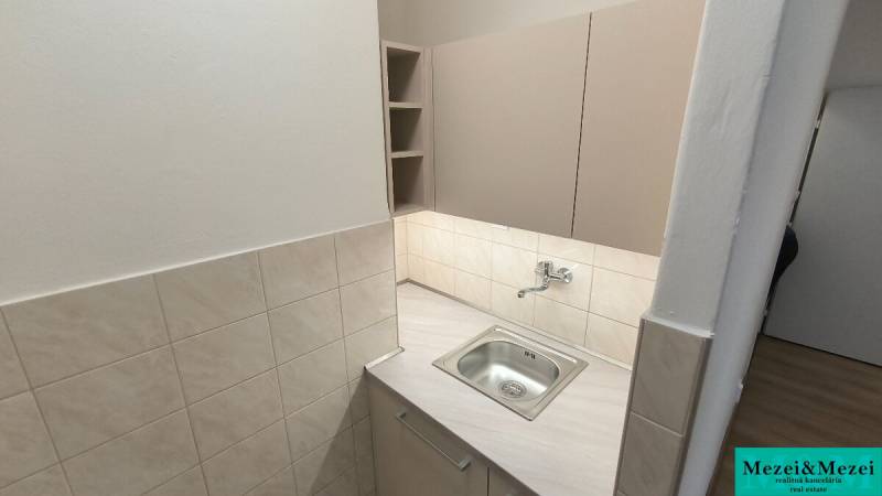 A kitchenette with a sink, cabinets, and light-colored paneling in a studio apartment.