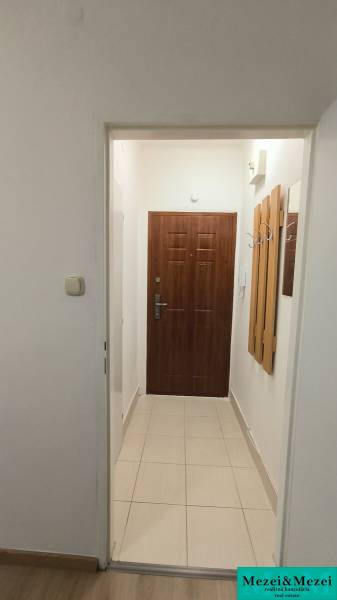 Entrance hallway in a studio apartment with light-colored tiles and wooden doors.
