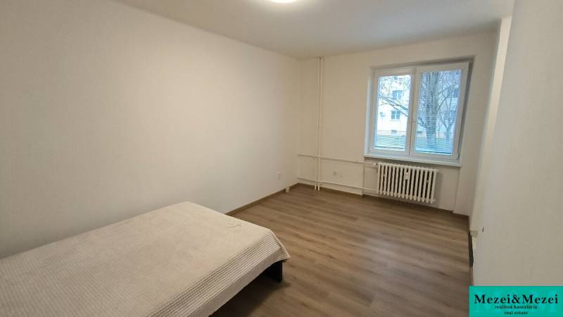 Studio apartment with a bed and wood-patterned flooring, large window with a radiator.