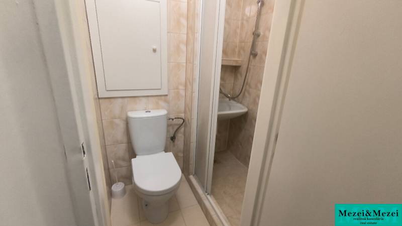 A bathroom in a studio apartment with a toilet and a shower in light tiles.